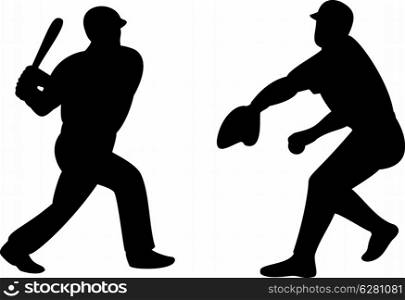 Illustration of a american baseball batsman and pitcher player isolated on white background.