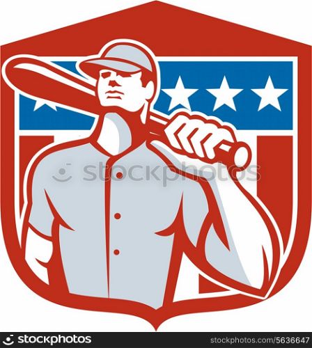 Illustration of a american baseball player batter hitter holding bat on shoulder set inside shield crest with stars and stripes in the background done in retro style. . American Baseball Batter Bat Shield Retro