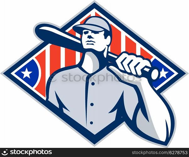 Illustration of a american baseball player batter hitter holding bat on shoulder set inside diamond shape with stars and stripes done in retro style isolated on white background.. Baseball Batter Hitter Bat Shoulder Retro