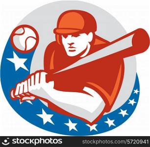 Illustration of a american baseball player batter hitter holding bat ready to strike set inside circle with stars on isolated background done in retro style.. Baseball Player Batter Stars Circle Retro