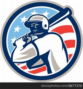 Illustration of a american baseball player batter hitter holding bat set inside circle with stars and stripes in the background done in retro style.. American Baseball Batter Hitter Circle Retro