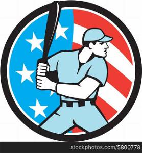 Illustration of a american baseball player batter hitter holding bat viewed from the side set inside circle with usa flag stars and stripes in the background done in retro style.. American Baseball Batter Hitter USA Flag Circle Retro
