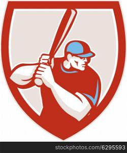 Illustration of a american baseball player batter hitter looking to the side holding bat ready to strike set inside shield crest on isolated background done in retro style.. Baseball Player Batter Hitter Shield Retro