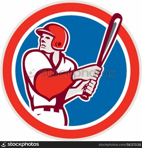 Illustration of a american baseball player batter hitter looking up holding bat ready to strike set inside circle on isolated background done in retro style.