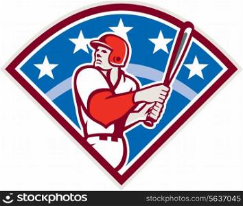 Illustration of a american baseball player batter hitter looking up holding bat ready to hit set inside diamond shape with stars and stripes in the background done in retro style.