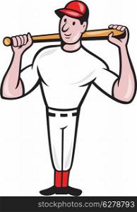 Illustration of a american baseball player batting bat on shoulder cartoon style isolated on white background.