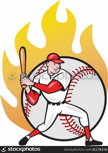 Illustration of a american baseball player batting cartoon style isolated on white with ball on fire in background.