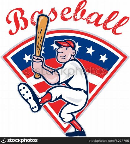 Illustration of a american baseball player batting cartoon style isolated on white with stars and stripes set inside fan shape with text wording baseball.