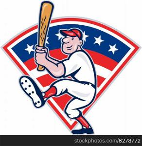 Illustration of a american baseball player batting cartoon style isolated on white with stars and stripes set inside fan shape.