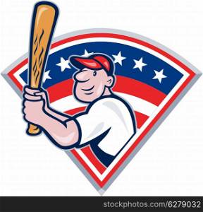 Illustration of a american baseball player batting cartoon style isolated on white with stars and stripes set inside fan shape.