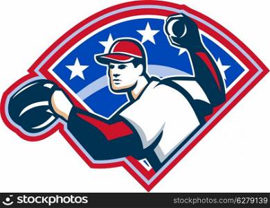 Illustration of a american baseball player pitcher outfielder throwing ball isolated on white background.. Baseball Player Throwing Ball Retro