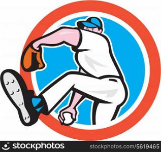 Illustration of a american baseball player pitcher outfilelder throwing ball set inside circle on isolated background done in cartoon style. . Baseball Pitcher Throwing Ball Circle Cartoon