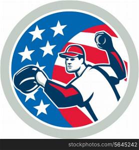 Illustration of a american baseball player pitcher outfilelder throwing ball set inside circle with stars and stripes in the background done in retro style. . American Baseball Pitcher Throwing Ball Retro