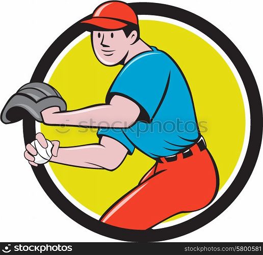 Illustration of a american baseball player pitcher outfilelder throwing ball set inside circle on isolated background done in cartoon style.