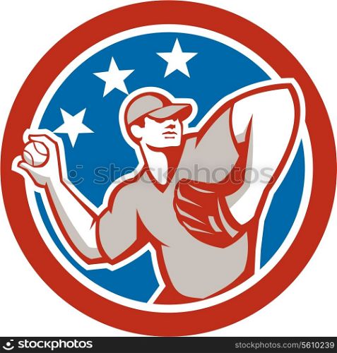 Illustration of a american baseball player pitcher outfilelder throwing ball with stars in the background done in retro style. . American Baseball Pitcher Throwing Ball Circle Retro