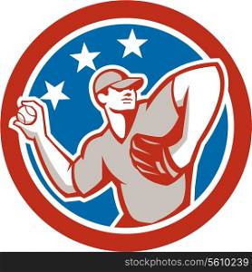 Illustration of a american baseball player pitcher outfilelder throwing ball with stars in the background done in retro style. . American Baseball Pitcher Throwing Ball Circle Retro