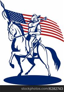 illustration of a American cavalry riding horse blowing a bugle and stars and stripes flag in background. American cavalry soldier riding horse bugle and flag
