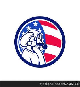 Illustration of a American healthcare worker, doctor or nurse wearing a surgical mask as heroes viewed from side with USA stars and stripes flag set in circle done in retro style.. American Healthcare Workers As Heroes Circle Retro
