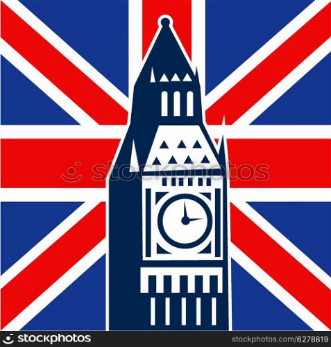 illustration of a an icon with Great Britain British Union Jack flag and Big Ben Clock Bell Tower. London Big Ben British Union Jack flag