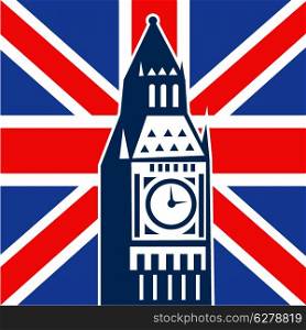 illustration of a an icon with Great Britain British Union Jack flag and Big Ben Clock Bell Tower. London Big Ben British Union Jack flag