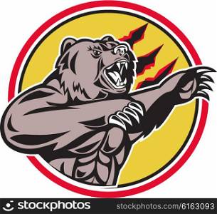 Illustration of a angry California grizzly North American brown bear swiping his paw attacking done in retro style set inside circle.. California Grizzly Bear Swiping Paw Circle Retro