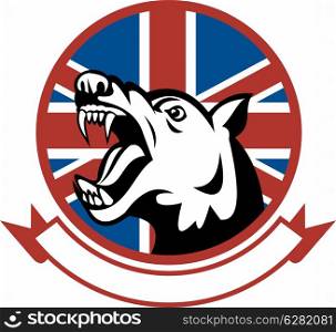 illustration of a Angry Trained guard dog with british flag in the background. Angry Trained guard dog with british flag