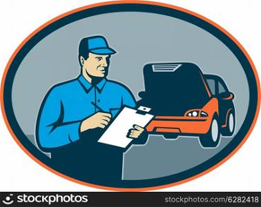 illustration of a Automobile car repair mechanic with clipboard set inside an oval.. Automobile car repair mechanic with clipboard