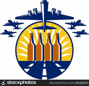 Illustration of a B-17 Flying Fortress, a World War two American four-engine heavy bomber taking off and in full flight with beer bottles in the runway and sunburst in the background set inside circle done in retro style.