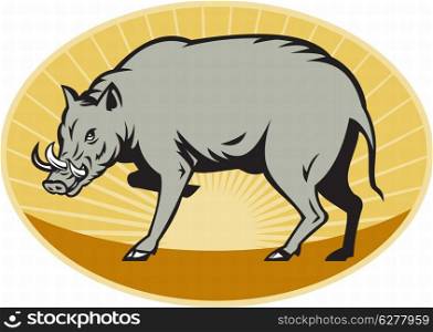 illustration of a babirusa wild pig about to attack set inside ellipse done in retro style with sunburst in background&#xA;&#xA;&#xA;