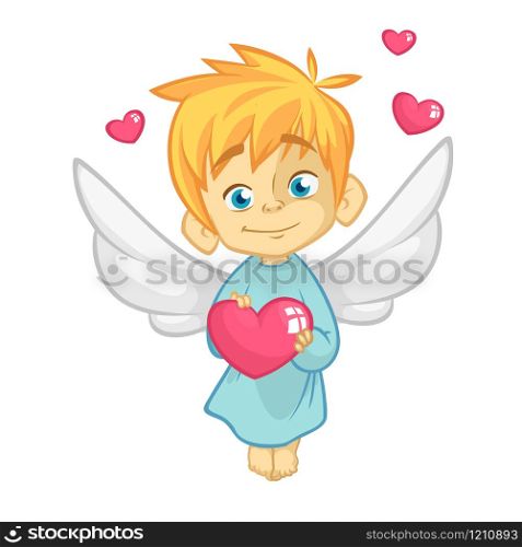 Illustration of a Baby Cupid Hugging a Heart. Cartoon illustration of Cupid character for St Valentine&rsquo;s Day isolated on white