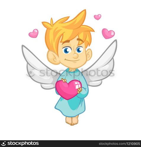 Illustration of a Baby Cupid Hugging a Heart. Cartoon illustration of Cupid character for St Valentine&rsquo;s Day