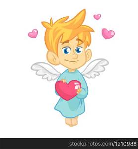 Illustration of a Baby Cupid Hugging a Heart. Cartoon illustration of Cupid character for St Valentine&rsquo;s Day isolated on white