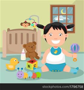 illustration of a baby playing in a room vector