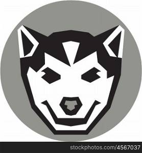 Illustration of a baby wolf cub head smiling viewed from front set inside circle done in retro style. . Baby Wolf Cub Head Circle Retro