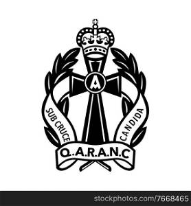 Illustration of a badge Queen Alexandra’s Royal Army Nursing Corps or QARANC, the nursing branch of the British Army and Army Medical Services on isolated background in retro black and white style.. Queen Alexandra’s Royal Army Nursing Corps or QARANC Badge Retro Black and White