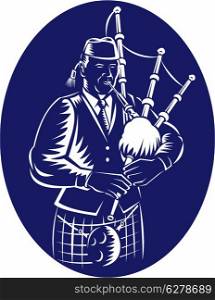 Illustration of a bagpiper playing Scottish Highlands Bagpipes done in retro woodcut style facing side set inside ellipse.&#xA;