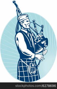 illustration of a bagpiper playing Scottish Highlands Bagpipes done in retro woodcut style facing side set inside ellipse.&#xA;