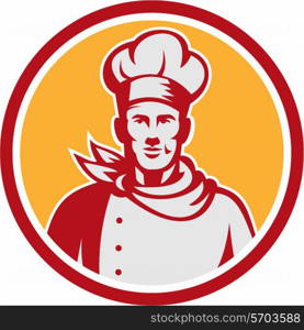 Illustration of a baker chef cook bust with hat facing front set inside circle on isolated background done in retro style. . Baker Chef Cook Bust Front Circle Retro