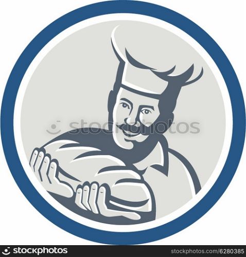 Illustration of a baker chef cook holding loaf of bread set inside circle on isolated background done in retro style.. Baker Hold Bread Loaf Retro Circle