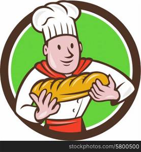 Illustration of a baker chef cook holding loaf of bread viewed from the front set inside circle on isolated background done in cartoon style. . Baker Holding Bread Loaf Circle Cartoon