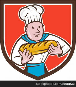 Illustration of a baker chef cook holding loaf of bread viewed from the front set inside shield crest on isolated background done in cartoon style. . Baker Holding Bread Loaf Shield Cartoon