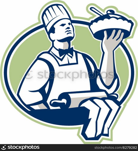 Illustration of a baker chef cook holding serving pie with roller in foreground set inside oval done in retro style.. Baker Chef Cook Serving Pie Retro