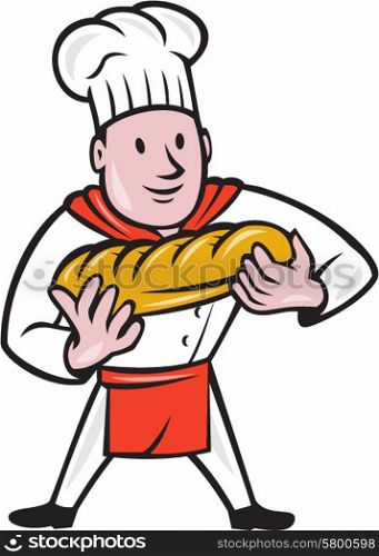 Illustration of a baker chef cook standing holding loaf of bread viewed from the front set on isolated white background done in cartoon style. . Baker Holding Bread Loaf Isolated Cartoon