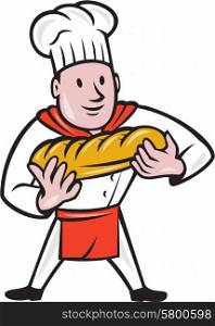 Illustration of a baker chef cook standing holding loaf of bread viewed from the front set on isolated white background done in cartoon style. . Baker Holding Bread Loaf Isolated Cartoon