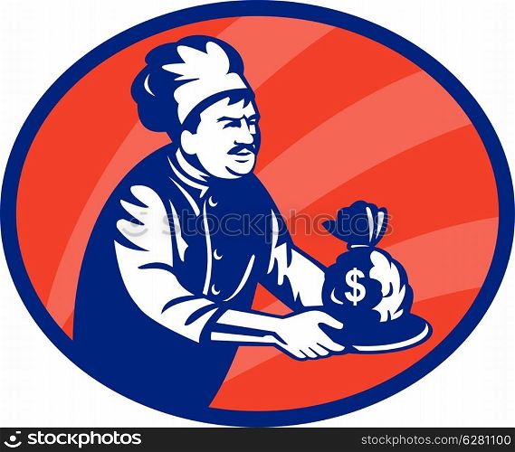 illustration of a Baker chef or cook serving up bag of money in a plate. Baker chef or cook serving up bag of money