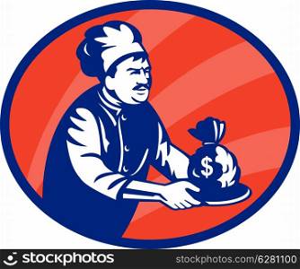 illustration of a Baker chef or cook serving up bag of money in a plate. Baker chef or cook serving up bag of money