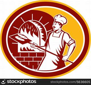 Illustration of a baker holding a peel with bread into a brick oven viewed from side set inside oval on isolated background done in retro style.. Baker Holding Peel Oven Retro