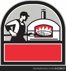Illustration of a baker pizza maker cook holding a peel with pizza pie into a wood fired oven viewed from side set inside shield crest done in retro style. . Pizza Cook Peel Wood Fired Oven Crest Retro