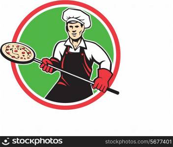 Illustration of a baker pizza maker holding a peel with pizza viewed from front set inside circle on isolated background done in retro style. . Pizza Maker Holding Peel Circle Retro