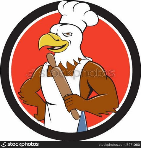 Illustration of a bald eagle baker chef cook holding rolling pin looking to the side set inside circle done in cartoon style. . Bald Eagle Baker Chef Rolling Pin Circle Cartoon